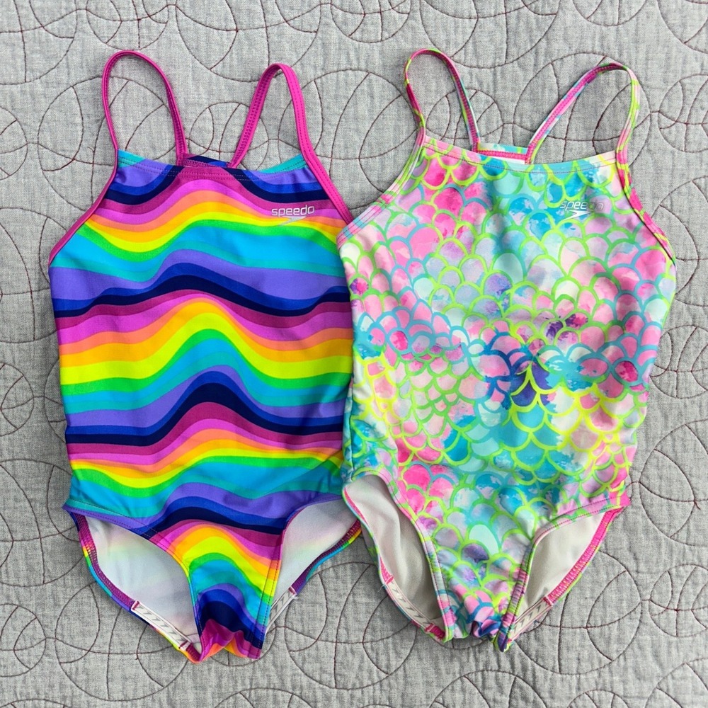 2 Speedo One-Piece Swimsuits Multicolor Rainbow Mermaid / Girls XS